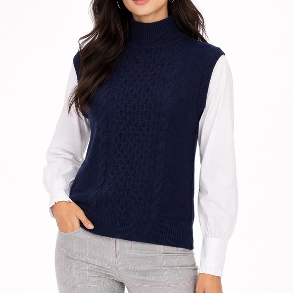 LOFT Sweaters - LOFT Sweater Vest Blouse Combo Womens S Navy‎ White Cable Knit Mixed Media Top